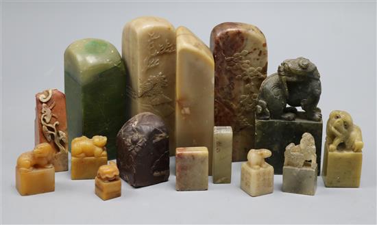 A group of 19th and 20th century Chinese soapstone seals, some inscribed